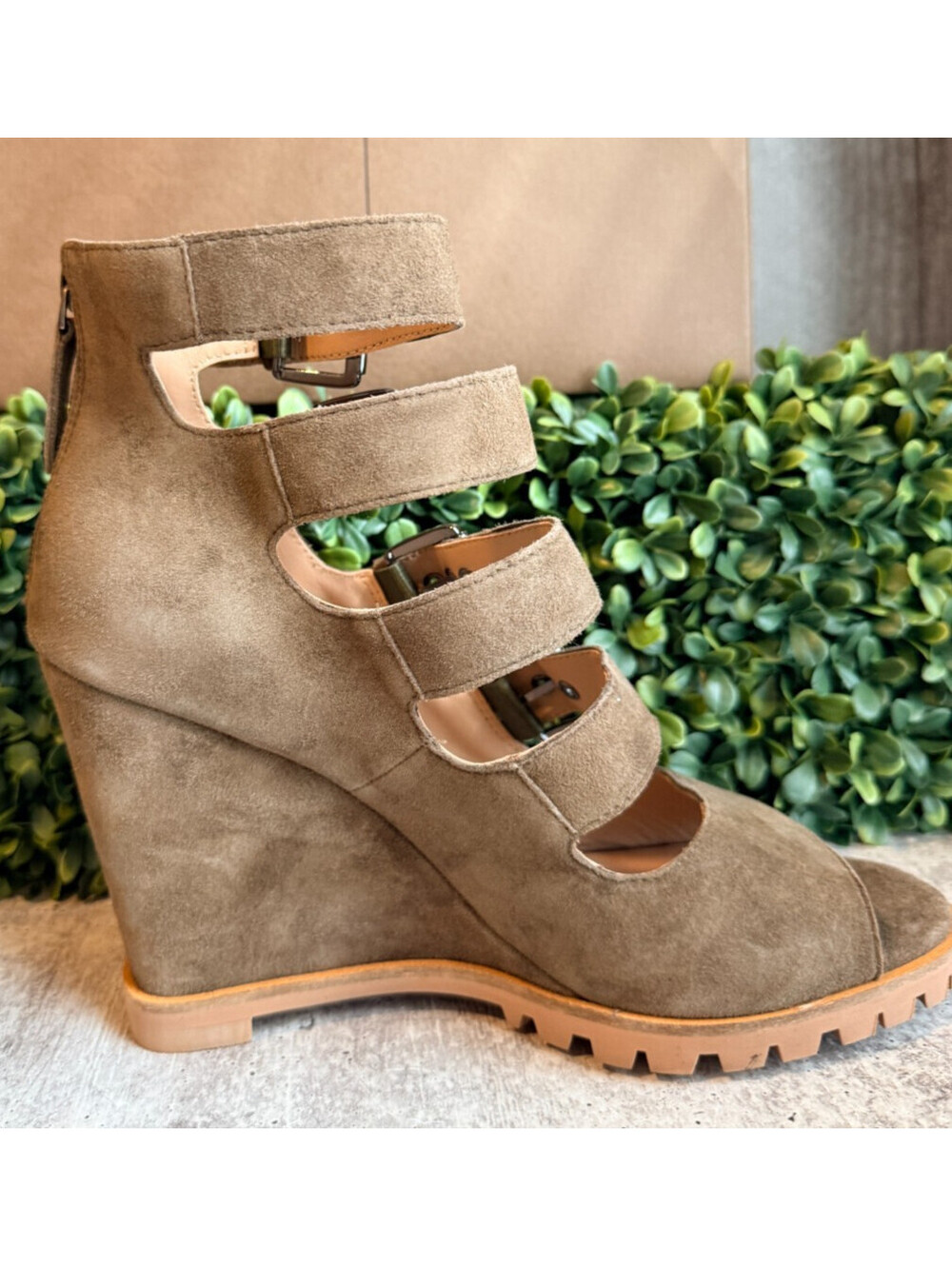 Linea Paolo Wisteria Dark Olive Suede Cage Wedge Sandals Peep Toe Womens 9 1/2 M